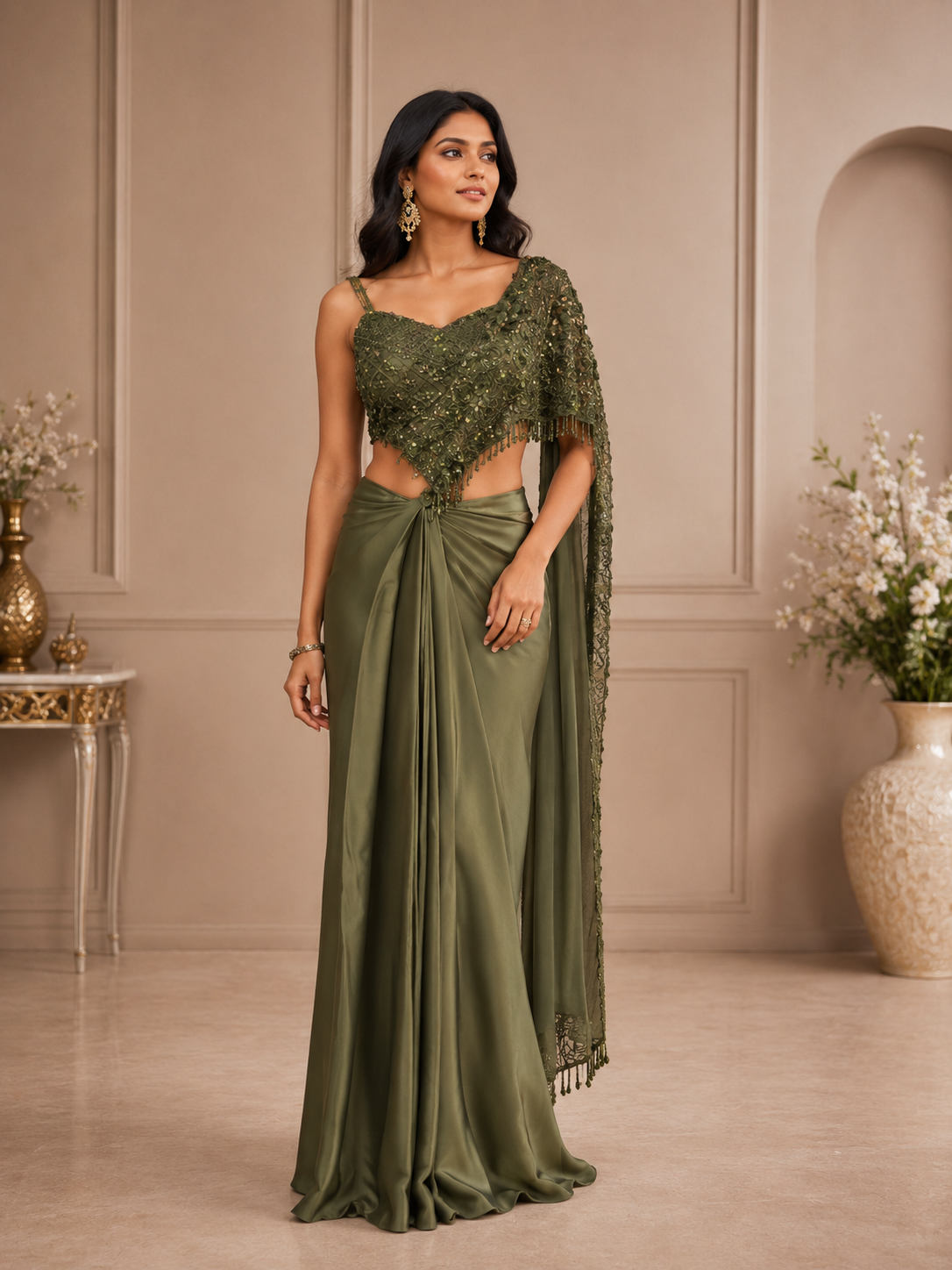 Olive Green Party Wear Saree