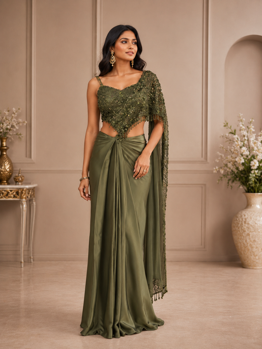 Olive Green Party Wear Saree