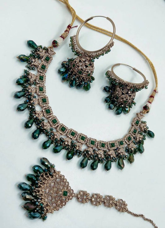 Groene Kundan Kettingset met Donkergroene Kristallen