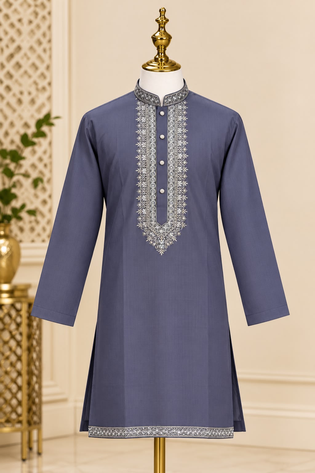 Royal Slate – Grijsblauwe Kurta Pajama Heren met Borduurwerk