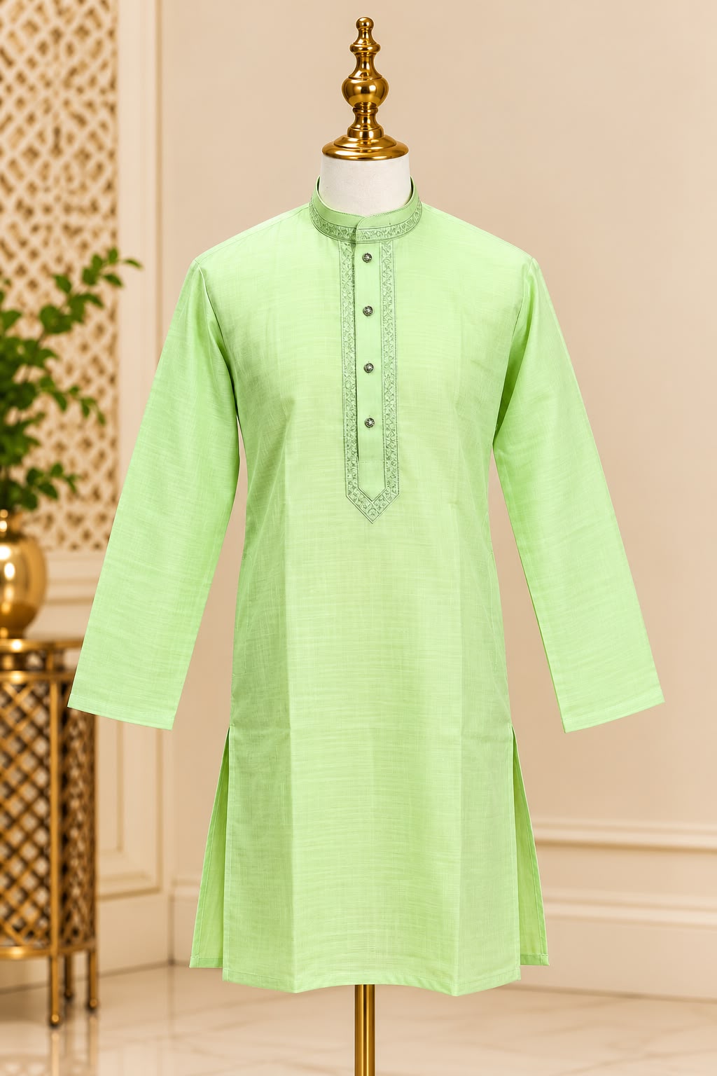 Pistachio – Lichtgroene Kurta Pajama Heren met Borduurwerk