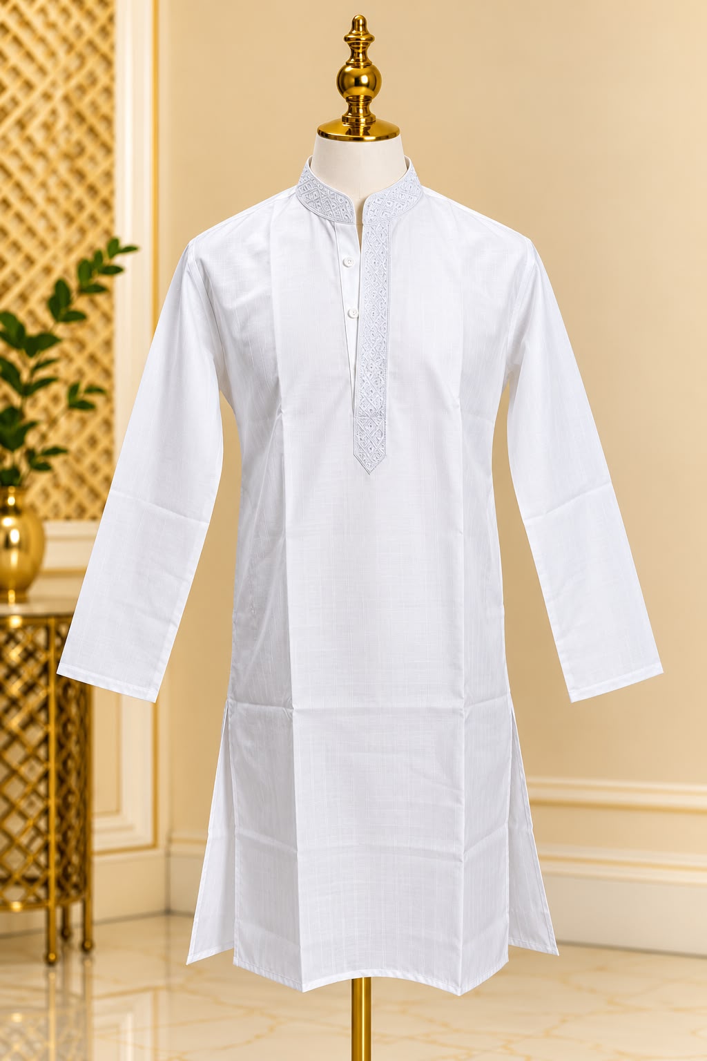 Pure White Heritage – White Embroidered Kurta Pajama Set for Men