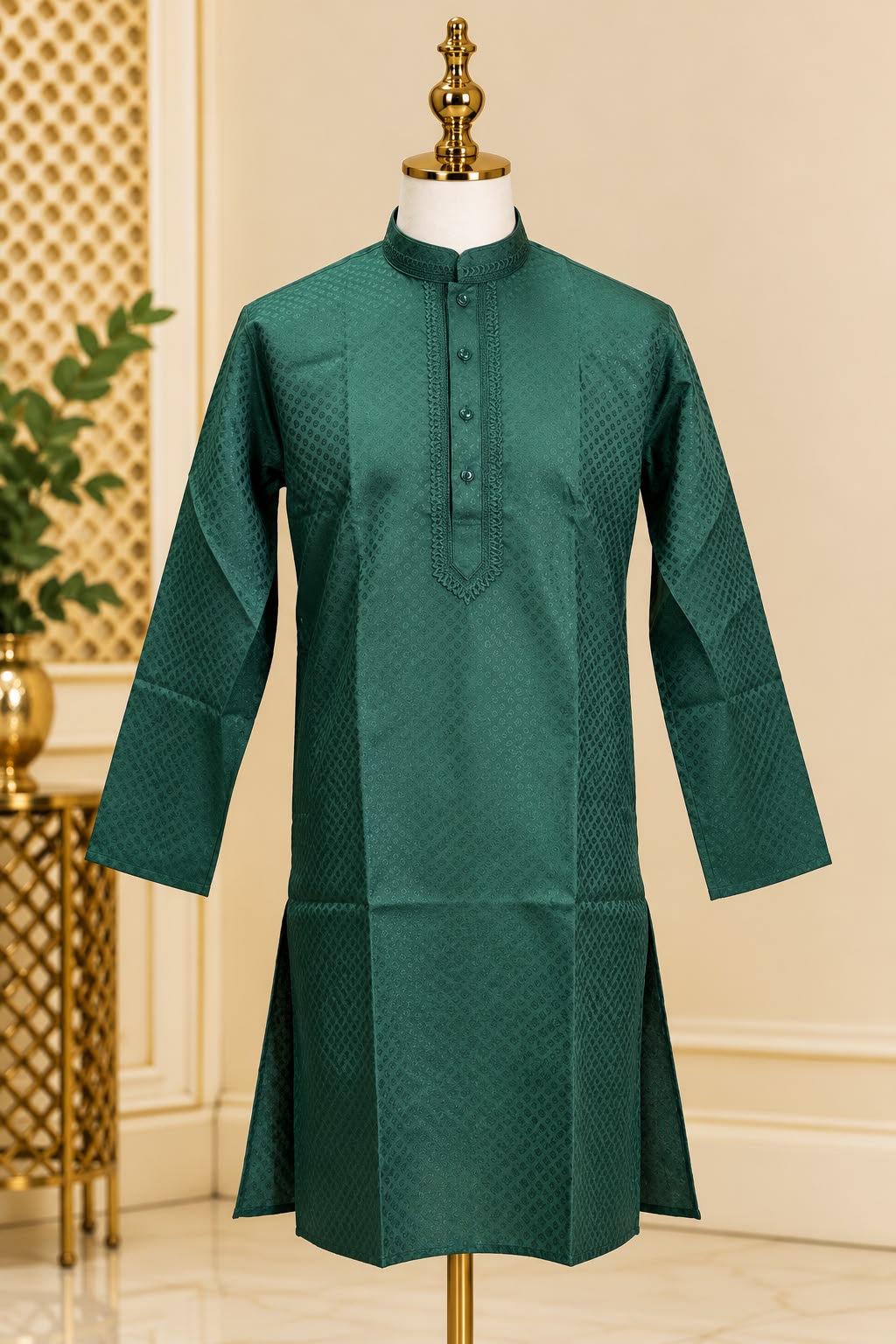Emerald – Donkergroene Kurta Pajama Heren met Borduurwerk