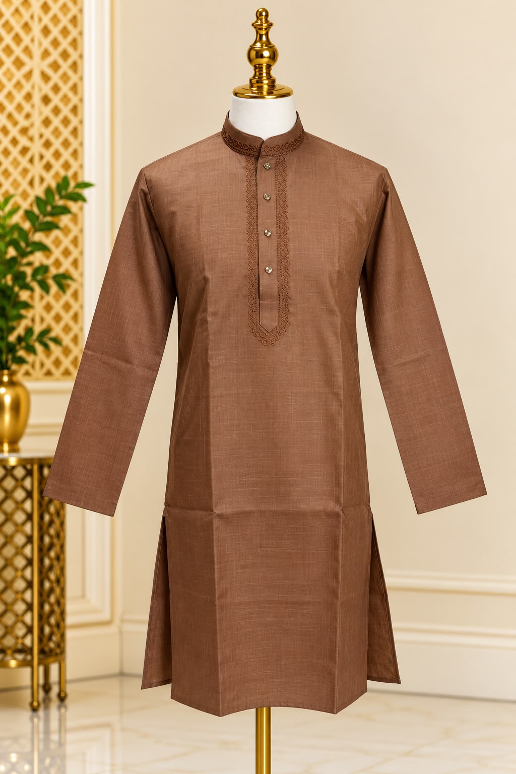 Mocha – Bruine Kurta Pajama Heren met Borduurwerk