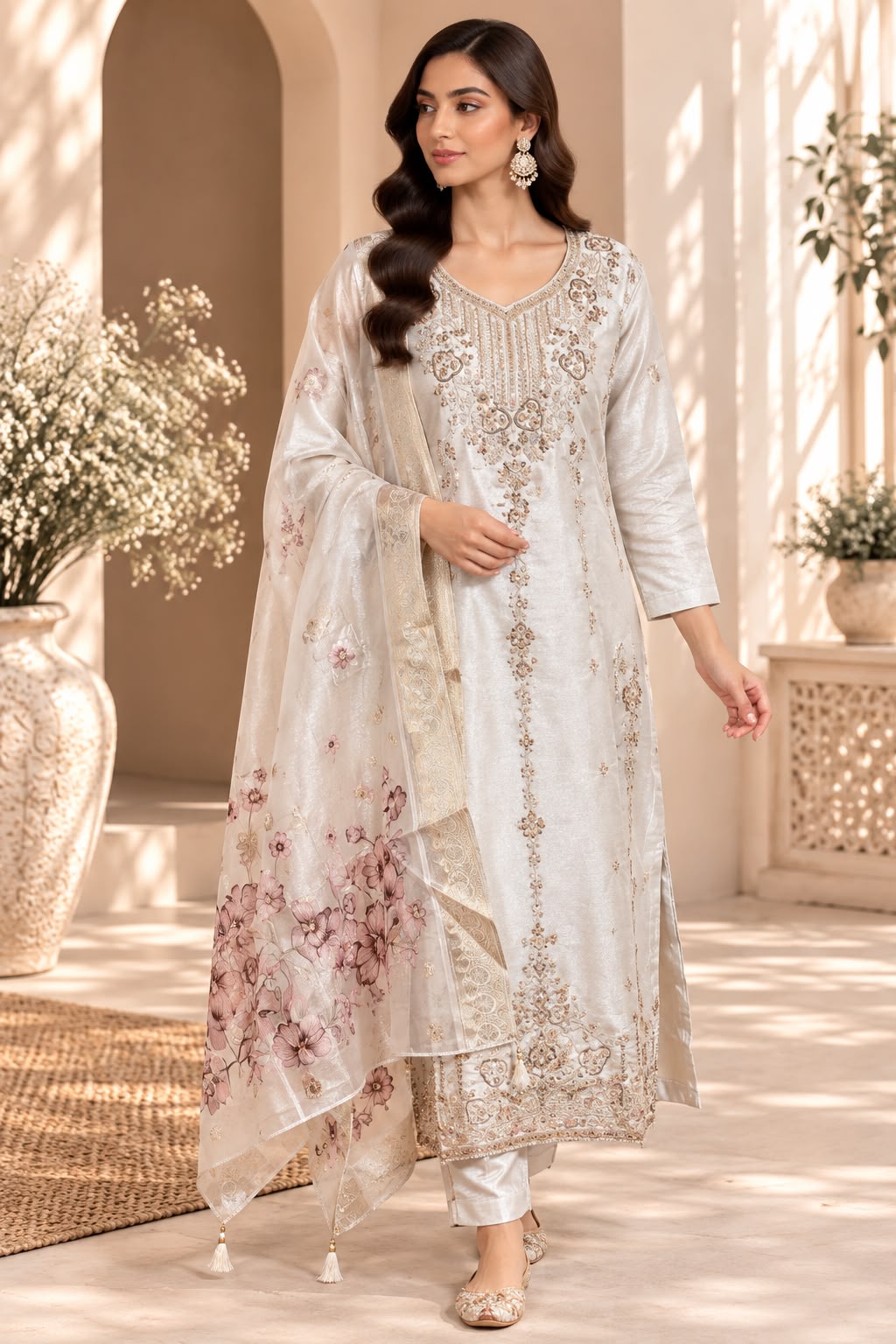 Ivory Blossom Salwar Kameez – Crème met Bloemen Dupatta