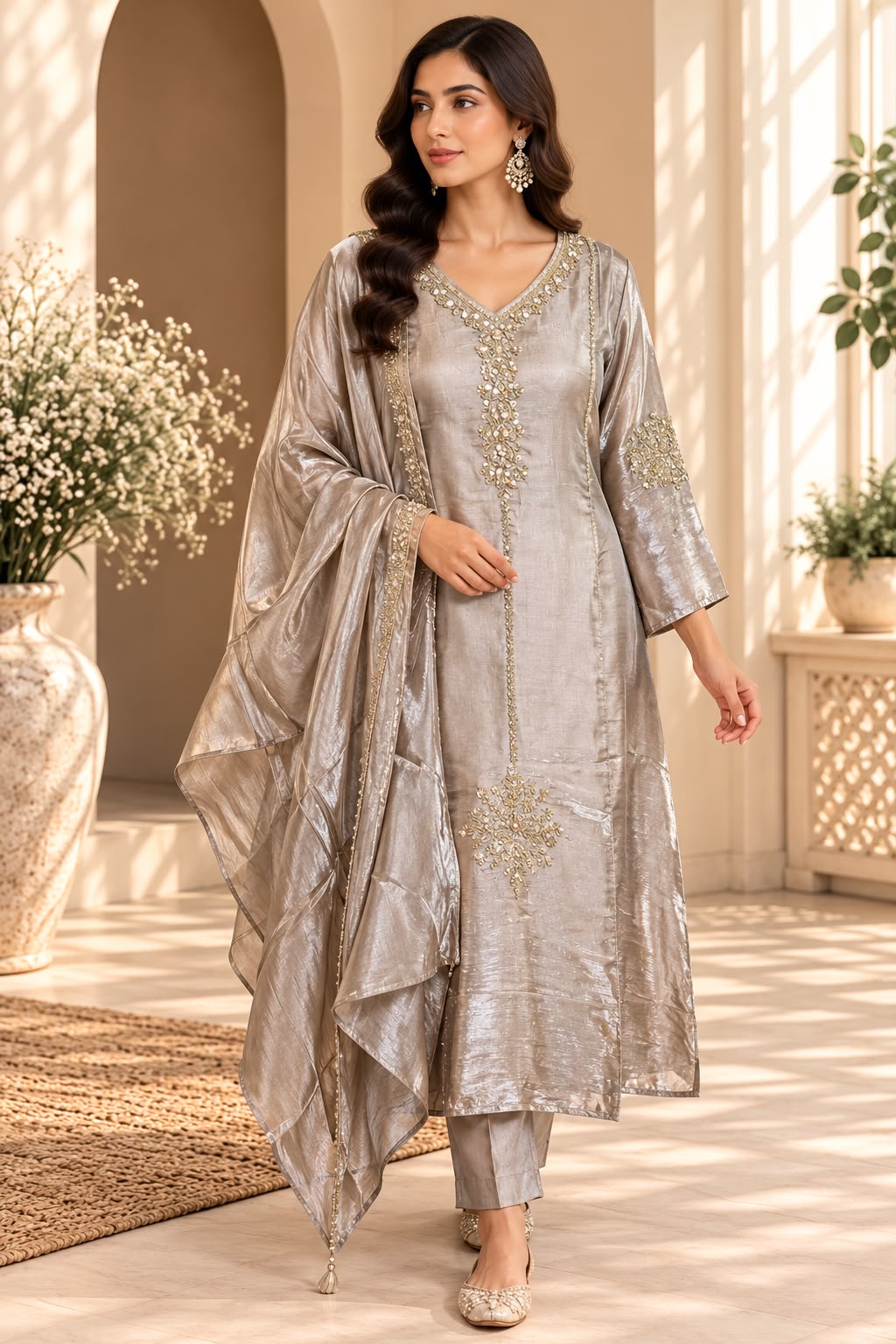 Champagne Silver Salwar Kameez – Champagne met Gouden Details