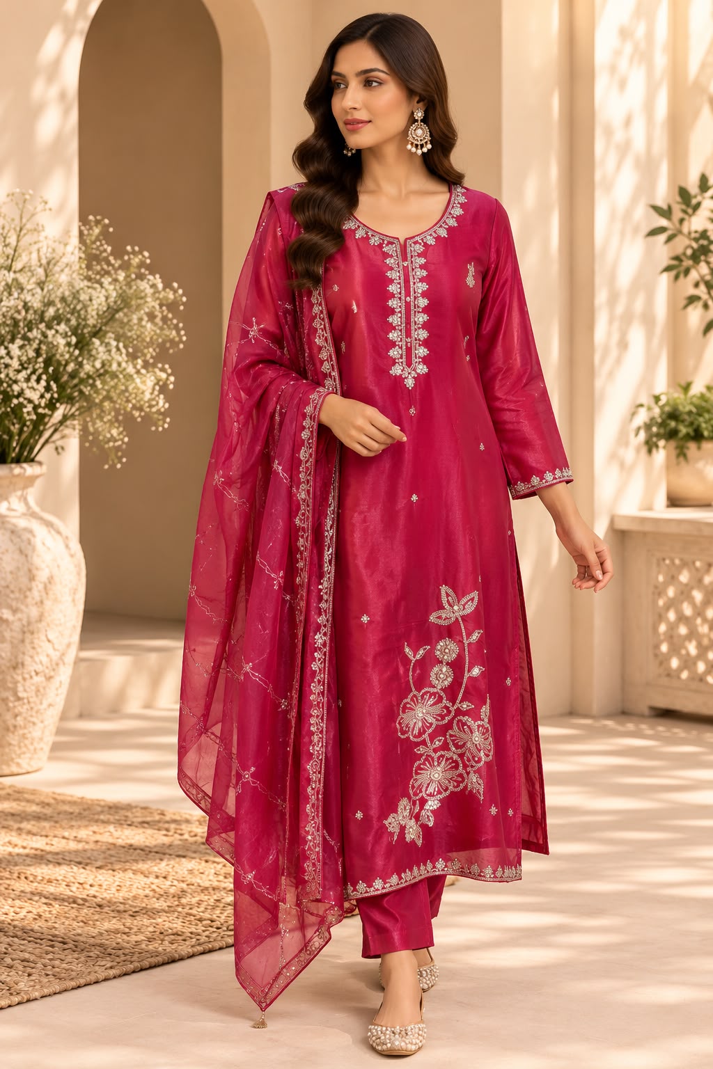 Berry Red Salwar Kameez – Donkerroze met Bloemenborduurwerk