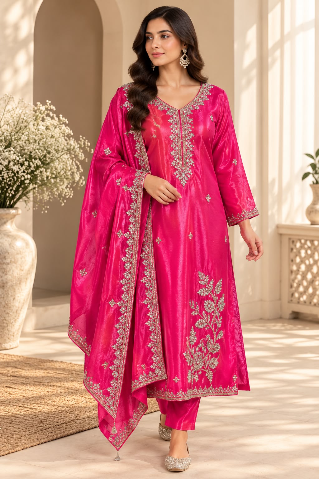 Fuchsia Pink Salwar Kameez – Felroze met Gouden Bloemdetails