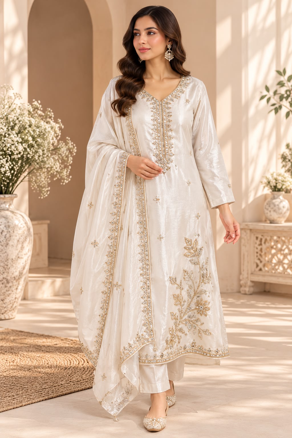 Cream Gold Salwar Kameez – Crème met Gouden Bloemenborduurwerk