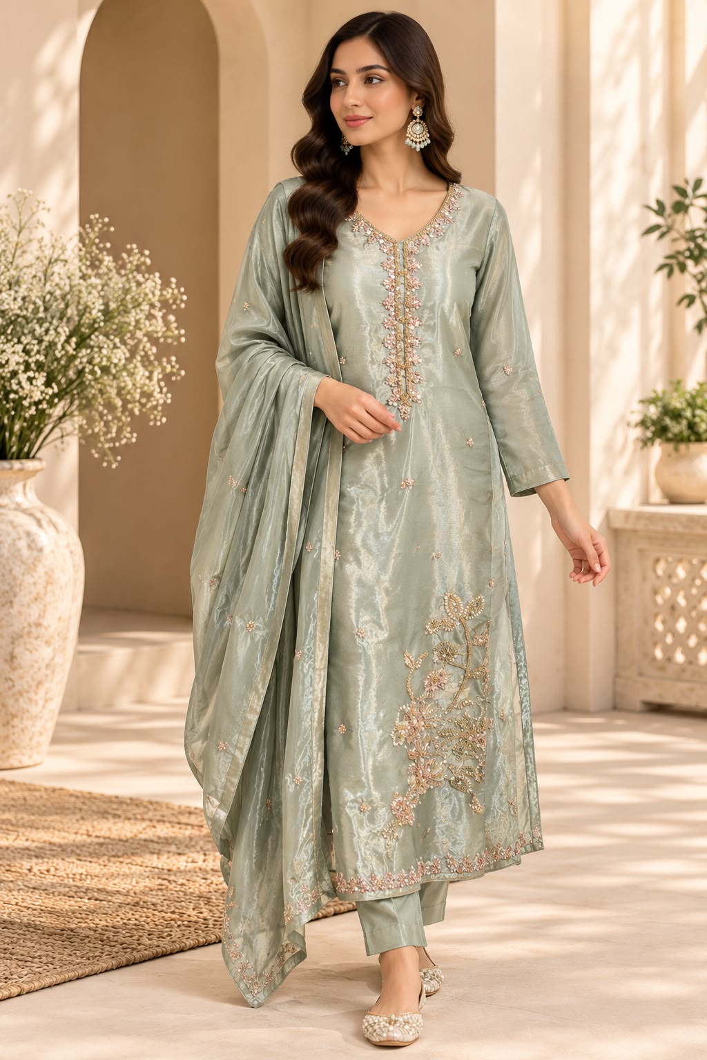 Sage Green Salwar Kameez – Saliegroen met Bloemenborduurwerk