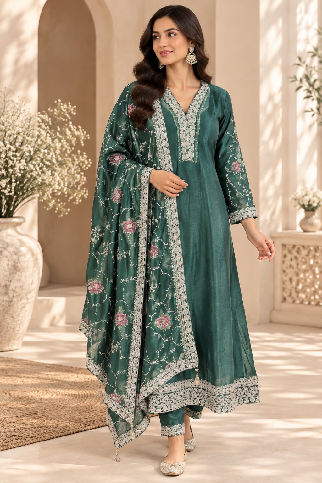 Emerald Garden Salwar Kameez – Donkergroen met Gebloemde Dupatta