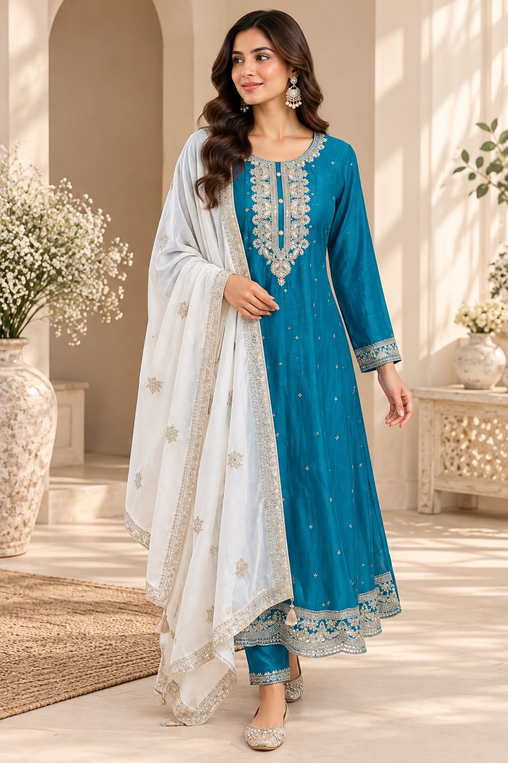 Teal Ivory Salwar Kameez – Petrolblauw met Crème Dupatta