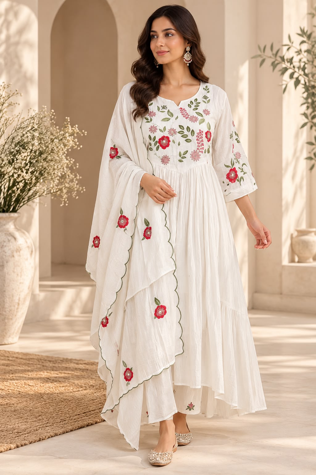Ivory Floral Anarkali Set – Wit met Rode Bloemen