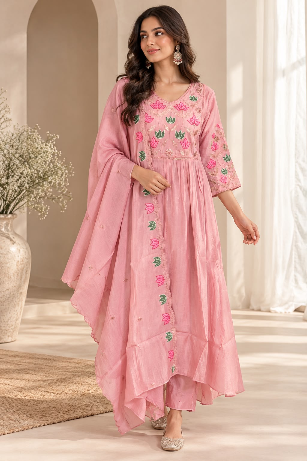 Pink Lotus Anarkali Set – Zachtroze met Lotusbloemen