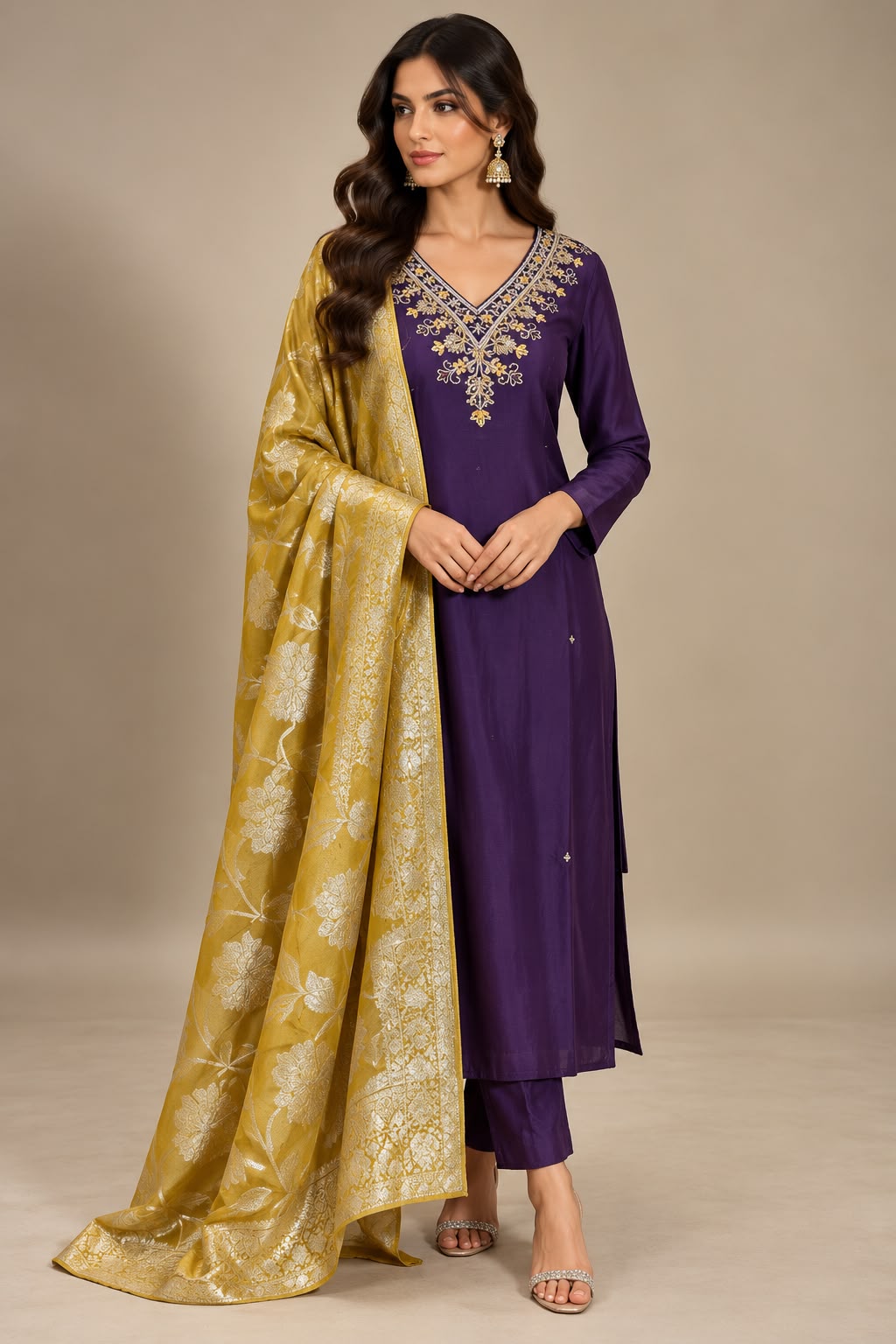 Royal Plum Salwar Kameez – Dieppaars met Gouden Dupatta