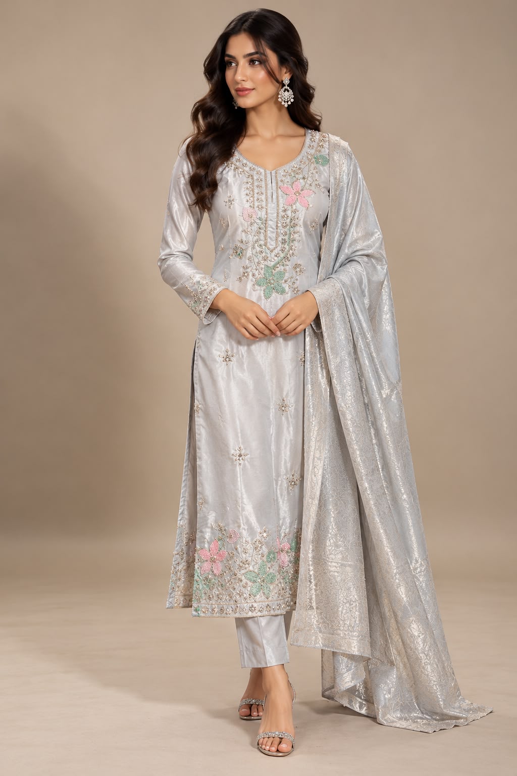 Silver Blossom Salwar Kameez – Zilver met Pastelkleurige Bloemen